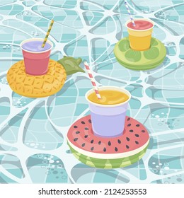 Set of the Inflatable mattress in the shape of a kiwi, pineapple and watermelon with cocktails in the pool, pool party, beach vacation, hotel vacation with inflatable toys. Vector illustration