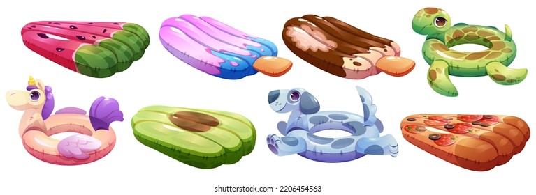 Colchones inflables y anillos de natación. unicornio de caucho, perro, tortuga, sandía, pala, aguacate y pizza colección de accesorios modernos para niños y adultos. Ilustración vectorial de dibujos animados