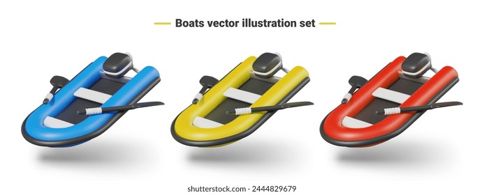 Set of inflatable motor boats of different colors. Vector realistic elements for competition design