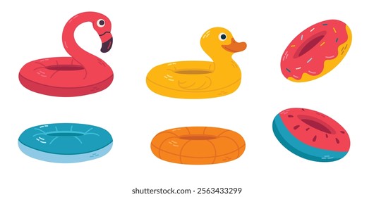 Set of inflatable pool floats - flamingo, duck, donut, and vibrant swim rings, isolated on white