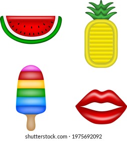 Set of inflatable pool mattresses. Watermelon, pineapple, ice cream and lips.