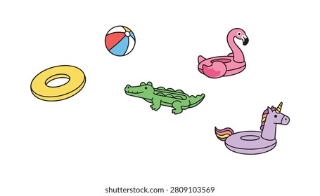 Set of inflatable pool toys including a colorful beach ball, yellow tube, green crocodile, pink flamingo, and purple unicorn.
