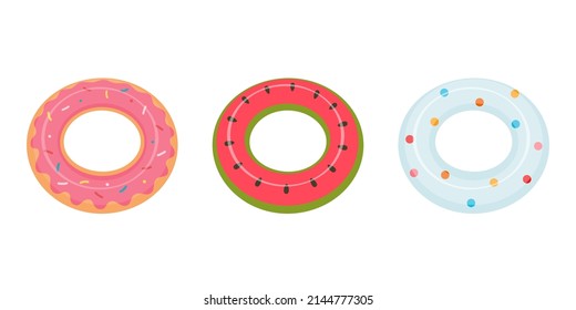 Set of inflatable rings. Summer collection of rubber rings. Cute swimming circles. 