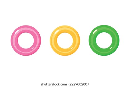 Set of inflatable rings in three different colors. Swimming rubber rings or wheels for pool games and swimming, flat vector illustration isolated on white background.