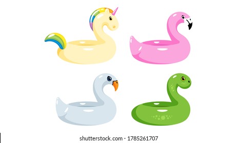 Set Of Inflatable Rings: Unicorn, Flamingo, Dragon, Swan. Rubber Swimming Rings For Children. Different Swim Tube On White Background. Modern Vector Illustration