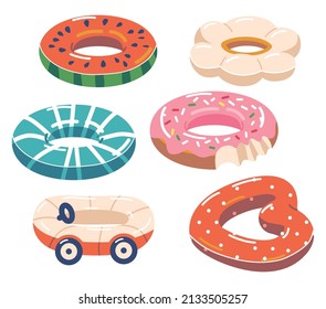 Set Of Inflatable Rings Watermelon, Car, Flower, Donut And Heart Icons Isolated On White Background. Water Park Swimming Pool Toys, Summer Beach Leisure Design Elements. Cartoon Vector Illustration