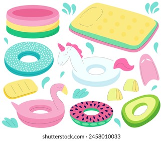 Set Inflatable Rubber Rings. Vector set of inflation rubber toys and kids lifesavers, plastic mattress, flamingo, donut, avocado and unicorn rings