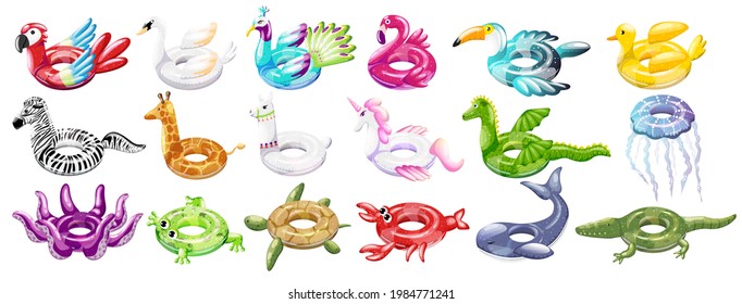 Set of inflatable swim pool floats and rings in the form of flamingos, stork, peacock, parrot, pelican, duck, zebra, giraffe, llama, unicorn, dragon, octopus, frog, turtle, crab, whale, crocodile.