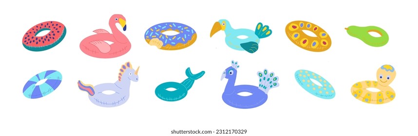 Set of inflatable swim pool floats and rings in the form of flamingos, peacock, pelican,  unicorn,  octopus, pears, watermelon and donut. Illustration in a flat cartoon style