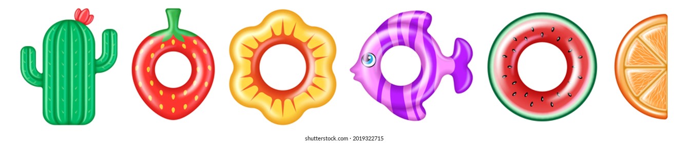 Conjunto de anillos inflables de natación y colchones de aire para vacaciones acuáticas, flotando y de vacaciones para niños del mar. Accesorios realistas para nadar. 3.ª ilustración vectorial