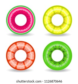Set of inflatable swim rings with exotic fruits design. Vector illustration
