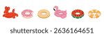 Set of inflatable swim rings and pool floats. Donut, flamingo, watermelon, lifebuoy and dog-shaped pool toys. Colorful summer collection. Vector illustration isolated on white.