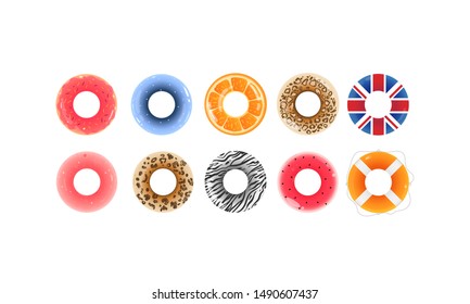 Set of inflatable swimming accessories rings in various color donut, animal skin and fruits cartoon vector illustration isolated on white background. Water fun equipment.