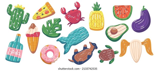 Set of Inflatable Swimming Mattresses for Children. Floating Whale, Car, Turtle, Donut, Watermelon and Crab. Ice Cream, Bottle, Cactus, Eggplant, Dog and Pizza or Cactus. Cartoon Vector Illustration