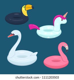 Set of inflatable swimming pool rings. Unicorn, pink flamingo, swan and tukan bird. Flat vector illustration on blue background