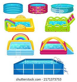 Set Of Inflatable Swimming Pools With Blue Water For Kid, Child Vacation. Orange Slice And Colorful Slide Pool Side. Rainbow, Tubes, Arch, Decoration. Isolated On White Background Vector Illustration