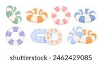 Set of inflatable swimming rings for swimming in pool or sea. Vector illustration in monochrome colors with pattern of stripes, polka dots, cherries on white isolated background.