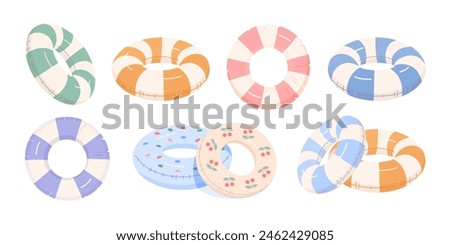 Set of inflatable swimming rings for swimming in pool or sea. Vector illustration in monochrome colors with pattern of stripes, polka dots, cherries on white isolated background.