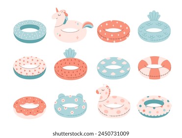 Conjunto de anillos de natación inflables. Anillos de goma. Vacaciones de verano en la playa. Juguetes inflables de la piscina. Ilustración vectorial en estilo plano