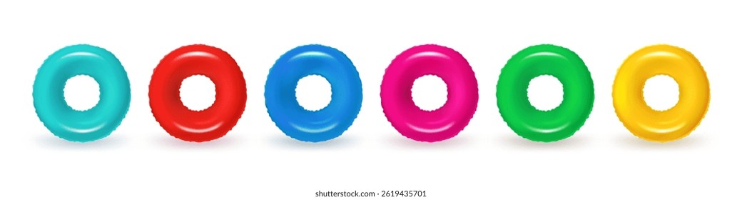 A set of inflatable swimming rings, in various colors, including red, pink, as well as blue, yellow, and green. Rubber pool toy or swim  lifesaver. Summer accessory for swimming on the beach or pool.