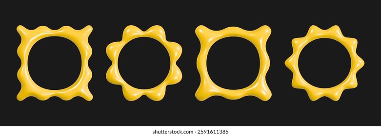 Set of inflated 3d wavy frames inspired by y2k aesthetics in vibrant yellow against a dark background showcasing a playful design