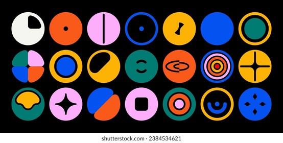 Set of inflated and volumetric   vector icons in Memphis style. Round brutalism forms, galactic systems, space objects.	
