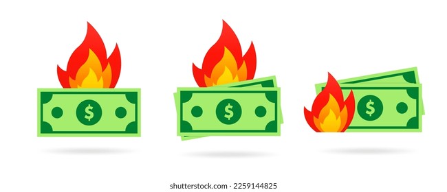 Set Inflation with dollar bills money on fire. Burning money, banknotes. Bankruptcy, financial crisis and inflation concept. Wasting money. Flat design element, cartoon style. Vector illustration