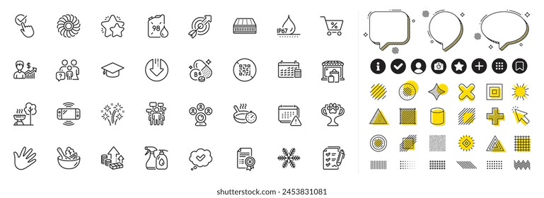 Conjunto de iconos de línea Inflation, Rechazar certificado y Target para el App de Web. Elementos de diseño, íconos de medios sociales. Calendario, sartén, iconos de vitamina b6. Motor del ventilador, homologado, señales del filtro de gasolina. Vector