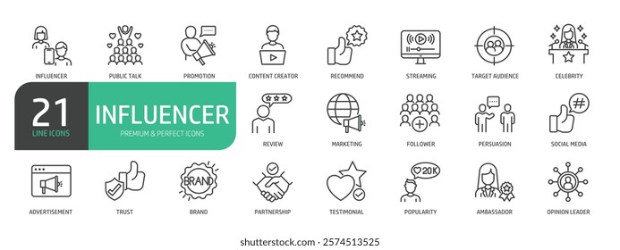 Set Of Influencer Line Icons. The set includes a Promotion, Celebrity, Content Creator, Ambassador, Streaming, Marketing, Social Media, Partnership, Brand, and more.