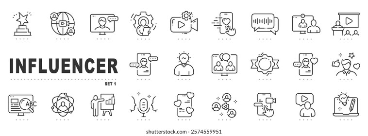 Set of influencer related line icons. Blogger, creator, audience etc. Editable stroke.