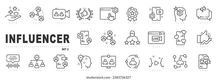 Set of influencer related line icons. Blogger, creator, audience etc. Editable stroke. Set 2