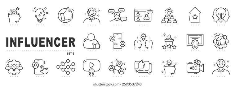 Set of influencer related line icons. Blogger, creator, audience etc. Editable stroke. Set 3