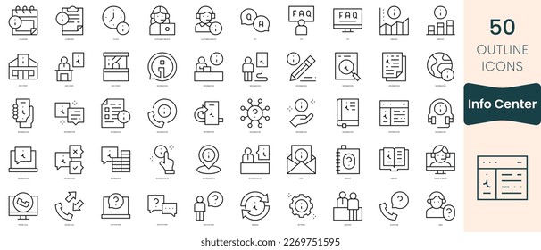 Set von Info-Center-Symbolen. Dünne lineare Stilsymbole Pack. Vektorgrafik
