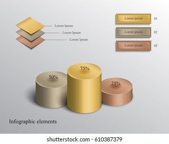 Set of info graphic elements: cylinder bars, sheets and signboards in gold,silver and bronze colors.