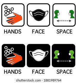 A set of info graphic symbols about COVID-19 disease. For announcements in public places such as hospitals, schools, restaurants, airports and anywhere. People in the last icon are male.