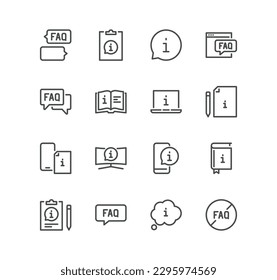 Set of info and help desk related icons, privacy policy, manual, rule, instruction, inform, guide, reading, info center and linear variety vectors.