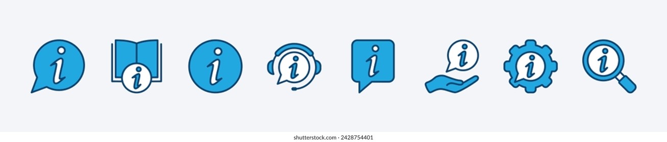 Set of info icon. Information icon collection. Containing message, instruction book, help button, service and support, chat guide, privacy policy, searching. Vector illustration