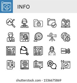 Set of info icons. Such as Folder, Analytics, Customer service, Online support, Receptionist, Service, Support services, Analysis, Worldwide, Medical record, Manual book , info icons