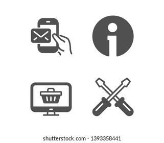Set of Info, Messenger mail and Web shop icons. Screwdriverl sign. Information, New e-mail, Shopping cart. Repair tool.  Classic design info icon. Flat design. Vector