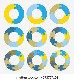 set info template pie blue and yellow charts with 2, 3, 4, 5, 6, 7, 8, 9, 10 steps