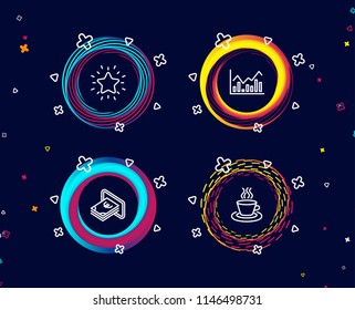 Set of Infochart, Cash and Rank star icons. Tea cup sign. Stock exchange, Atm payment, Best result. Coffee mug.  Circle banners with line icons. Gradient colors shapes. Vector