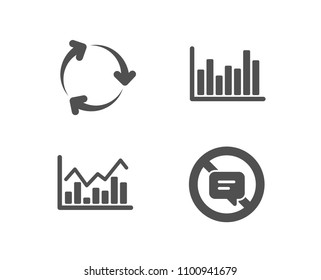 Set of Infochart, Recycling and Bar diagram icons. Stop talking sign. Stock exchange, Reduce waste, Statistics infochart. Do not talk.  Quality design elements. Classic style. Vector