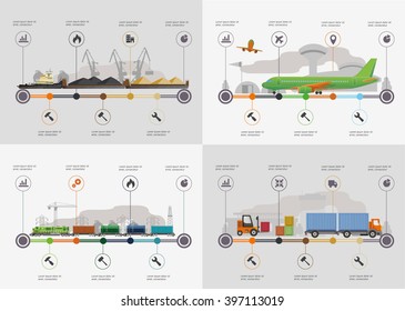 Set of the infoghrphic elements. Transportation by water, by air, by train. Flat illustration.