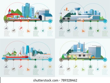 Set of the infoghrphic elements. Transportation by water, by air, by train. Flat illustration.