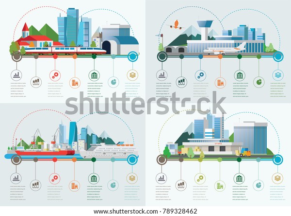 Set of the infoghrphic\
elements. Transportation by water, by air, by train. Flat\
illustration.