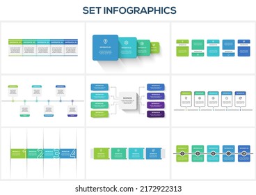 Set infographic with 4, 5, 6, 8 steps, options, parts or processes. Business data visualization.
