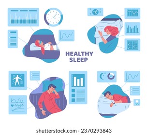 Set of infographic about healthy sleep flat style, vector illustration isolated ob white background. Sleep tracking with smartwatch. Graphs, charts and analysis of sleep quality, smiling people