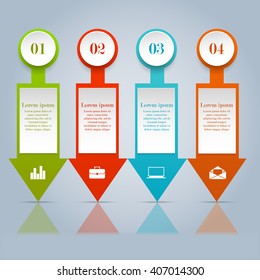 Set of infographic arrow information design elements on the glossy surface. Business concept with 4 options or steps.