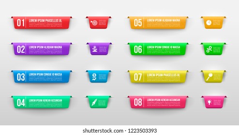 Set of Infographic banners. Color labels with steps and options. Banner label layout with numbers 1, 2, 3, 4, 5, 6, 7, 8. Vector illustration. Isolated on white background.