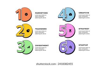 Set of infographic banners with numbers from 1 to 6. Neobrutalism design style